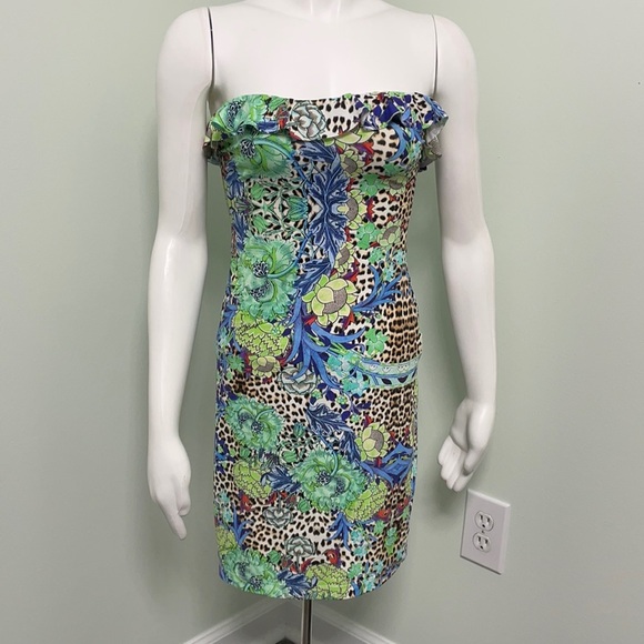 Just Cavalli ruffle leopard floral strapless dress - Picture 1 of 8